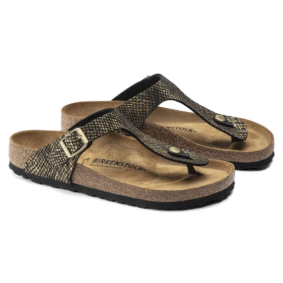 Birkenstock Gizeh lábujjközös papucs keskeny | Fényes fekete kígyómintás | Shiny python black