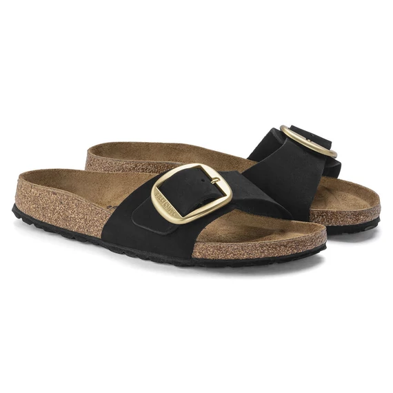 Birkenstock Madrid Big Buckle egypántos papucs keskeny | Fekete velúrbőr | Black nubuck